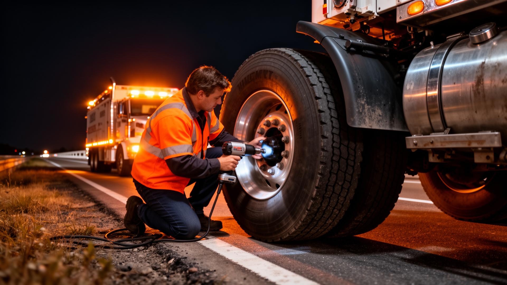 Road X mobile diesel mechanic repairing heavy-duty truck tire in Indianapolis