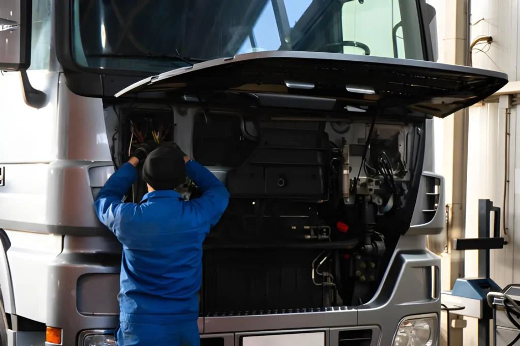Expert technician providing truck & trailer repair near Greenwood on a silver semi-truck at RoadX Truck Repair.